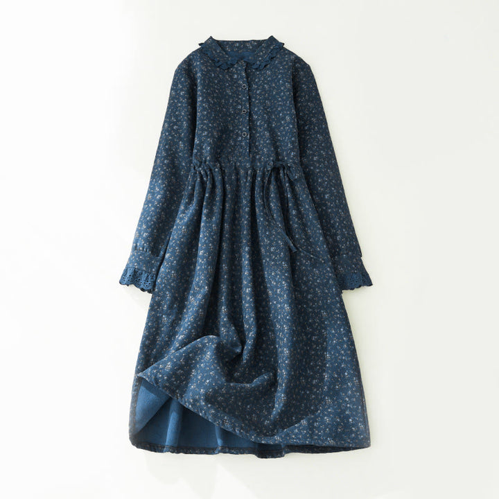 Abito midi in velluto a coste con maniche lunghe, tasche e motivo floreale in pizzo patchwork Buddha Stones - image 10