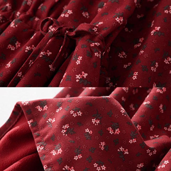 Abito midi in velluto a coste con maniche lunghe, tasche e motivo floreale in pizzo patchwork Buddha Stones - image 6