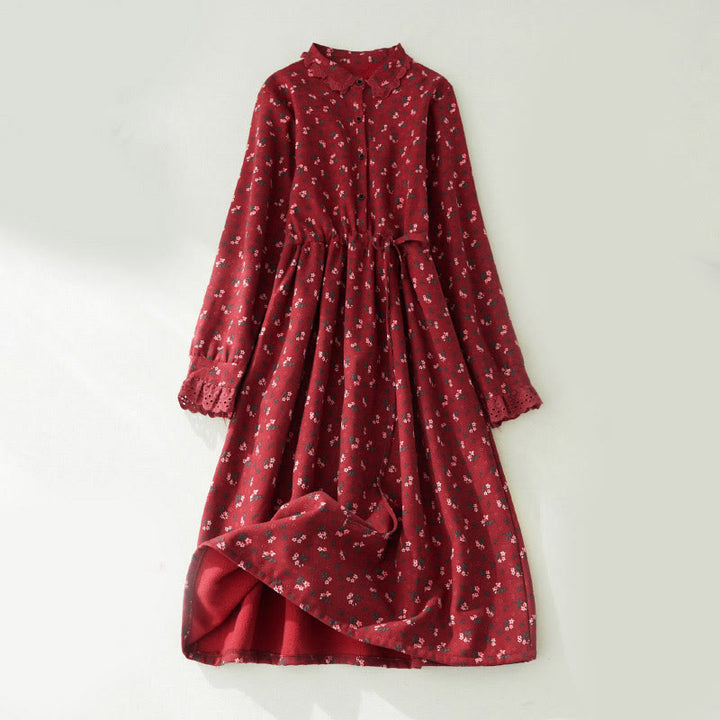 Abito midi in velluto a coste con maniche lunghe, tasche e motivo floreale in pizzo patchwork Buddha Stones - Mattoni refrattari - US8-10, UK/AU12-14, EU40-42 (2XL) - image 0