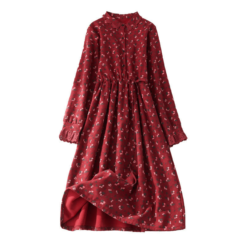 Abito midi in velluto a coste con maniche lunghe, tasche e motivo floreale in pizzo patchwork Buddha Stones - image 2