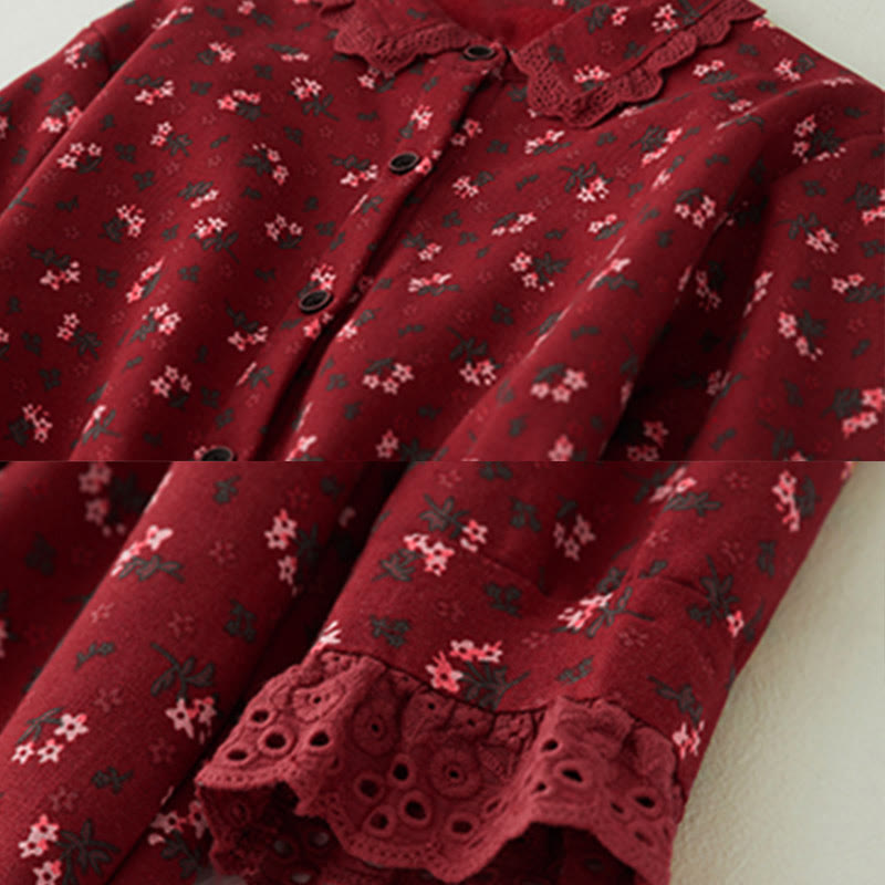 Abito midi in velluto a coste con maniche lunghe, tasche e motivo floreale in pizzo patchwork Buddha Stones - image 4