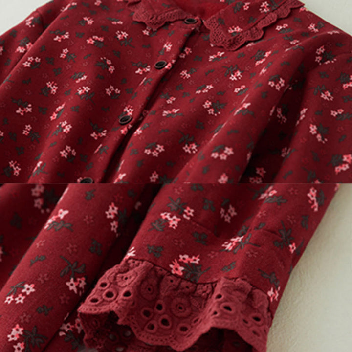 Abito midi in velluto a coste con maniche lunghe, tasche e motivo floreale in pizzo patchwork Buddha Stones - image 4