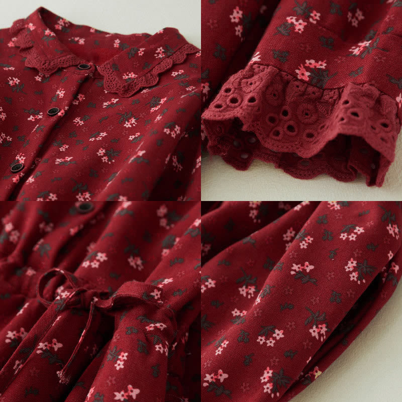 Abito midi in velluto a coste con maniche lunghe, tasche e motivo floreale in pizzo patchwork Buddha Stones - image 7