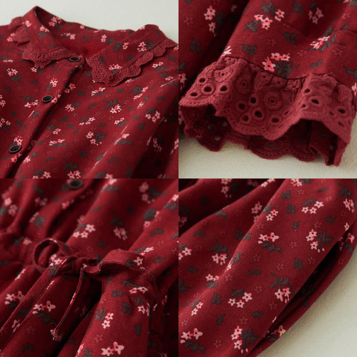 Abito midi in velluto a coste con maniche lunghe, tasche e motivo floreale in pizzo patchwork Buddha Stones - image 7