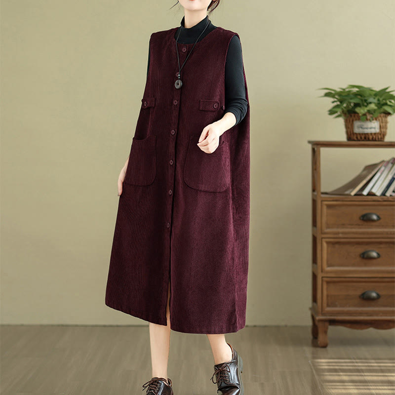 Abito midi senza maniche con tasche e bottoni color puro Buddha Stones - image 15