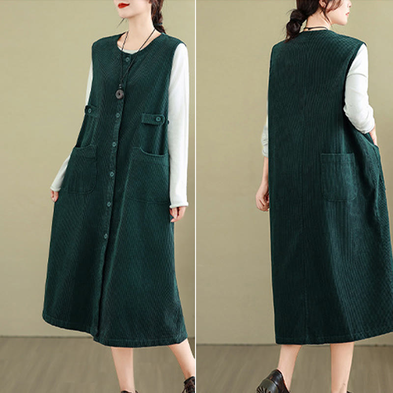 Abito midi senza maniche con tasche e bottoni color puro Buddha Stones - image 10