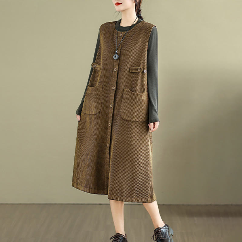 Abito midi senza maniche con tasche e bottoni color puro Buddha Stones - image 1