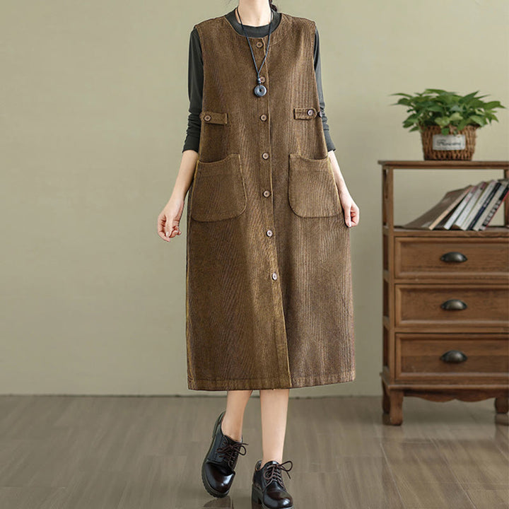 Abito midi senza maniche con tasche e bottoni color puro Buddha Stones - image 3