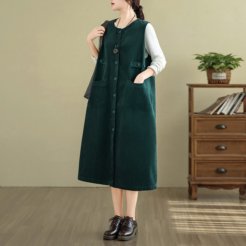 Abito midi senza maniche con tasche e bottoni color puro Buddha Stones - image 7