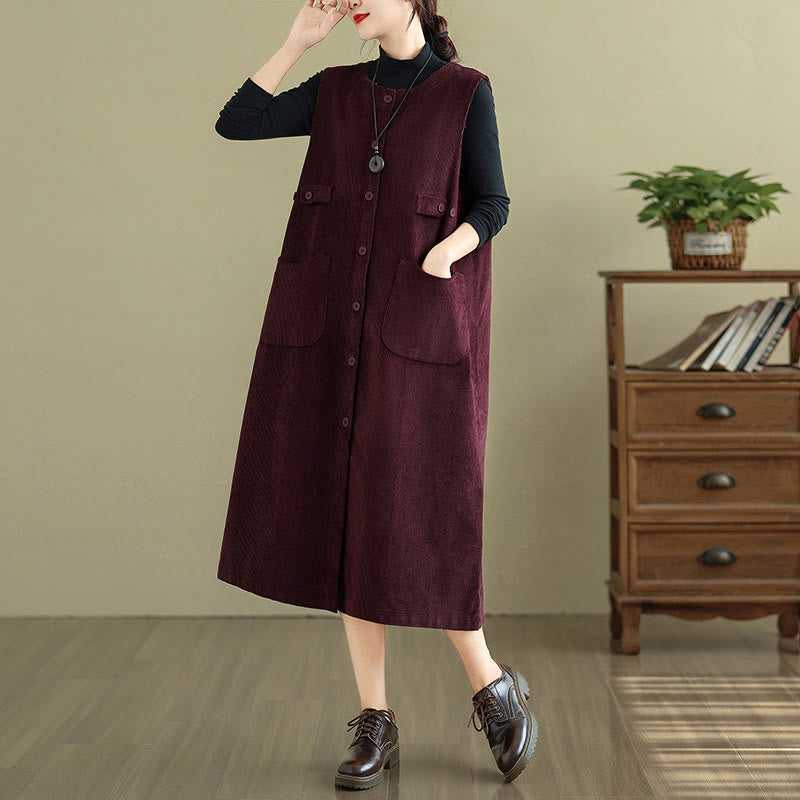 Abito midi senza maniche con tasche e bottoni color puro Buddha Stones - Rosso scuro - US8-10, UK/AU12-14, EU40-42 (2XL) - image 14