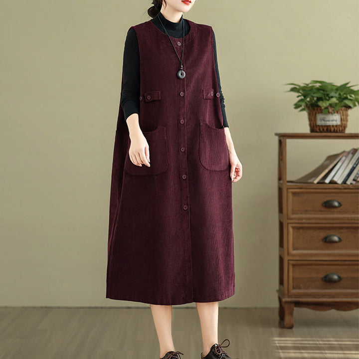 Abito midi senza maniche con tasche e bottoni color puro Buddha Stones - image 17