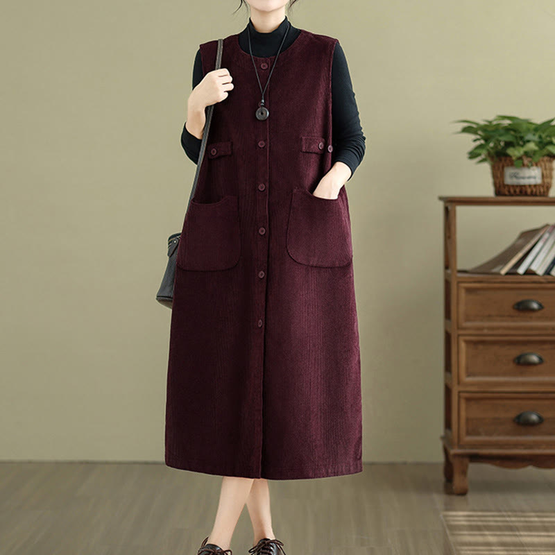 Abito midi senza maniche con tasche e bottoni color puro Buddha Stones - image 16