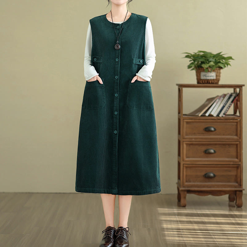 Abito midi senza maniche con tasche e bottoni color puro Buddha Stones - image 8