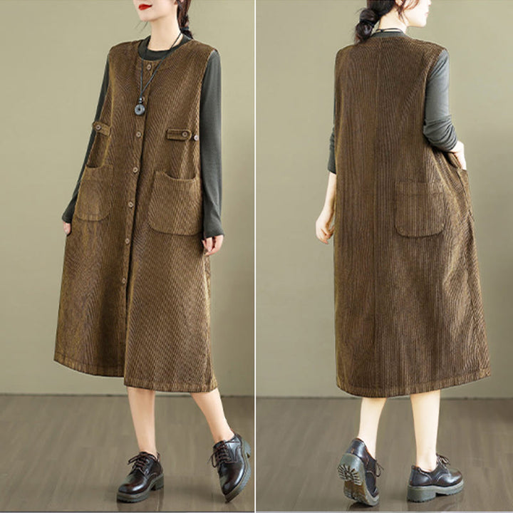 Abito midi senza maniche con tasche e bottoni color puro Buddha Stones - image 5