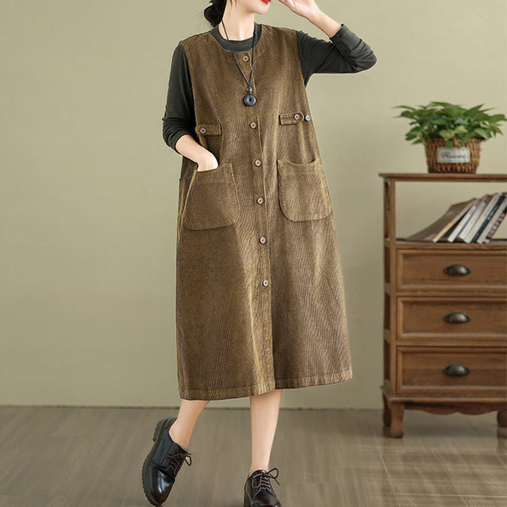 Abito midi senza maniche con tasche e bottoni color puro Buddha Stones - image 4