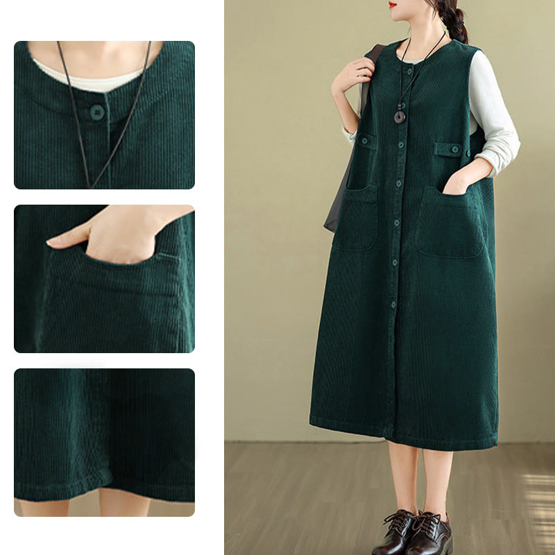 Abito midi senza maniche con tasche e bottoni color puro Buddha Stones - image 12