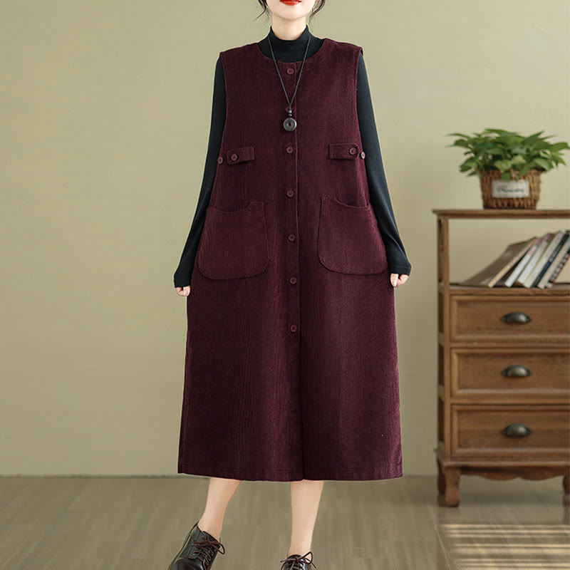 Abito midi senza maniche con tasche e bottoni color puro Buddha Stones - image 18