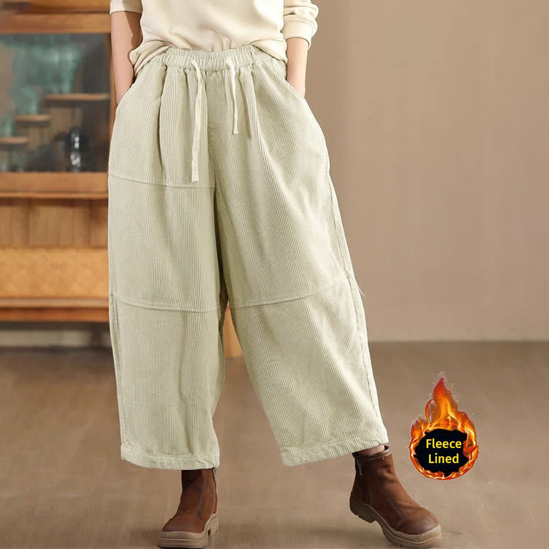 Pantaloni da donna in velluto a coste di cotone con coulisse, foderati in pile termico e tasche Buddha Stones - Beige (foderato in pile) - US14, UK/AU18, EU46 (4XL) - image 8