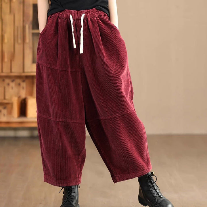 Pantaloni da donna in velluto a coste di cotone con coulisse, foderati in pile termico e tasche Buddha Stones - FireBrick - US14, UK/AU18, EU46 (4XL) - image 5