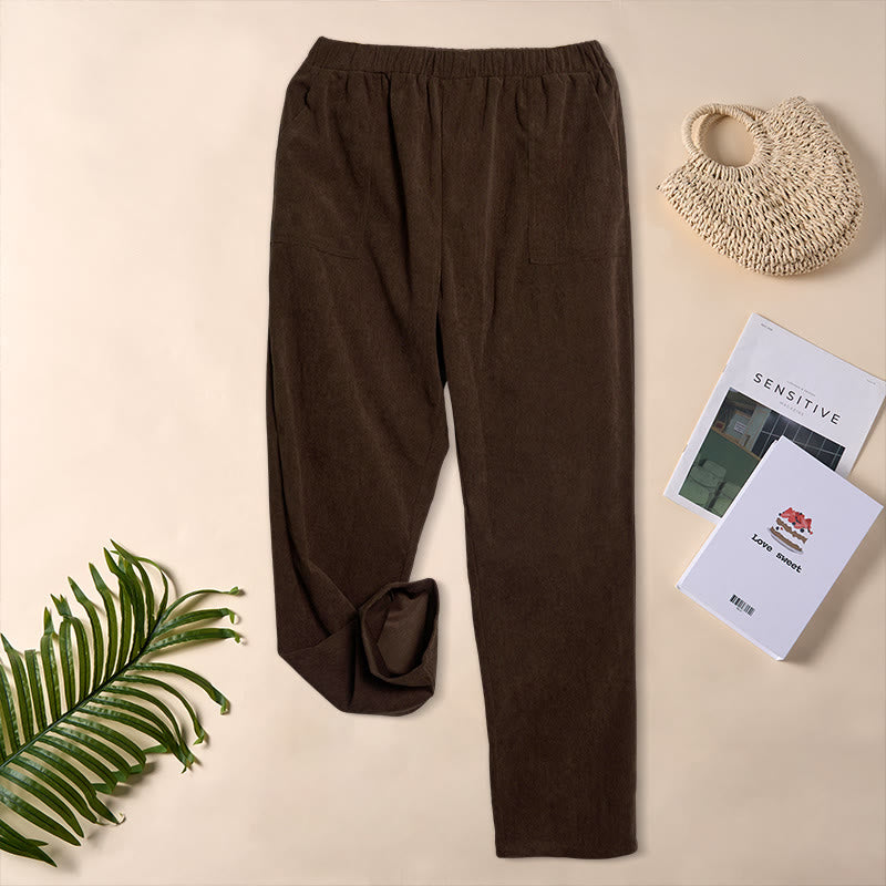 Pantaloni da donna in velluto a coste color puro Buddha Stones con tasche - image 4