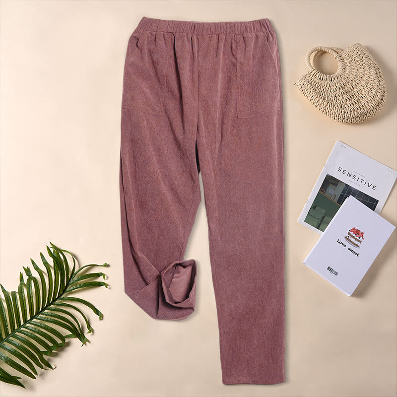 Pantaloni da donna in velluto a coste color puro Buddha Stones con tasche - IndianRed - US16, UK/AU20, EU48 (3XL) - image 17