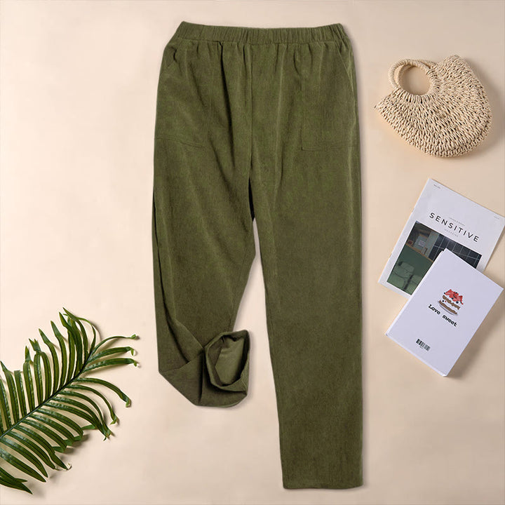 Pantaloni da donna in velluto a coste color puro Buddha Stones con tasche - Verde oliva - US16, UK/AU20, EU48 (3XL) - image 23