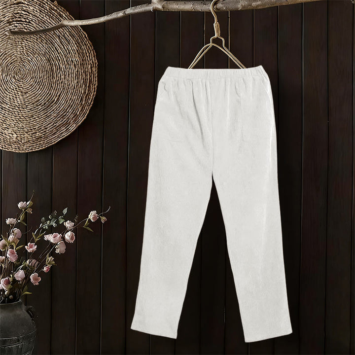 Pantaloni da donna in velluto a coste color puro Buddha Stones con tasche - Bianco - US16, UK/AU20, EU48 (3XL) - image 9