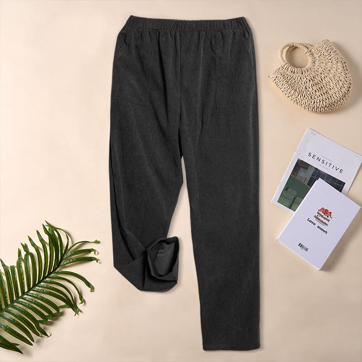 Pantaloni da donna in velluto a coste color puro Buddha Stones con tasche - Nero - US16, UK/AU20, EU48 (3XL) - image 13