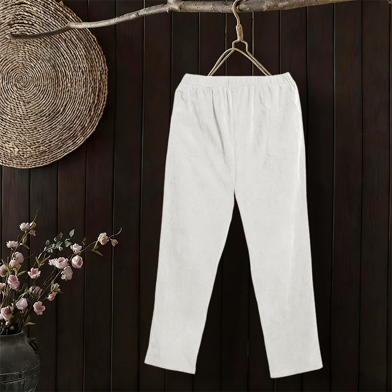 Pantaloni da donna in velluto a coste color puro Buddha Stones con tasche - Bianco - US16, UK/AU20, EU48 (3XL) - image 9