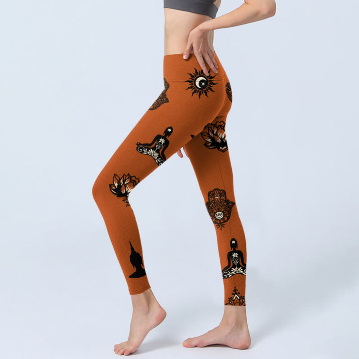 Buddha Stones Leggings da palestra con motivo a mano di Hamsa e sole e loto, pantaloni da yoga da donna - image 2
