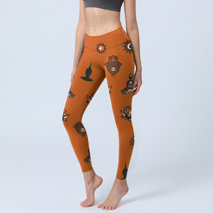 Buddha Stones Leggings da palestra con motivo a mano di Hamsa e sole e loto, pantaloni da yoga da donna - Cioccolato - US18, UK/AU22, EU50 (4XL) - image 0