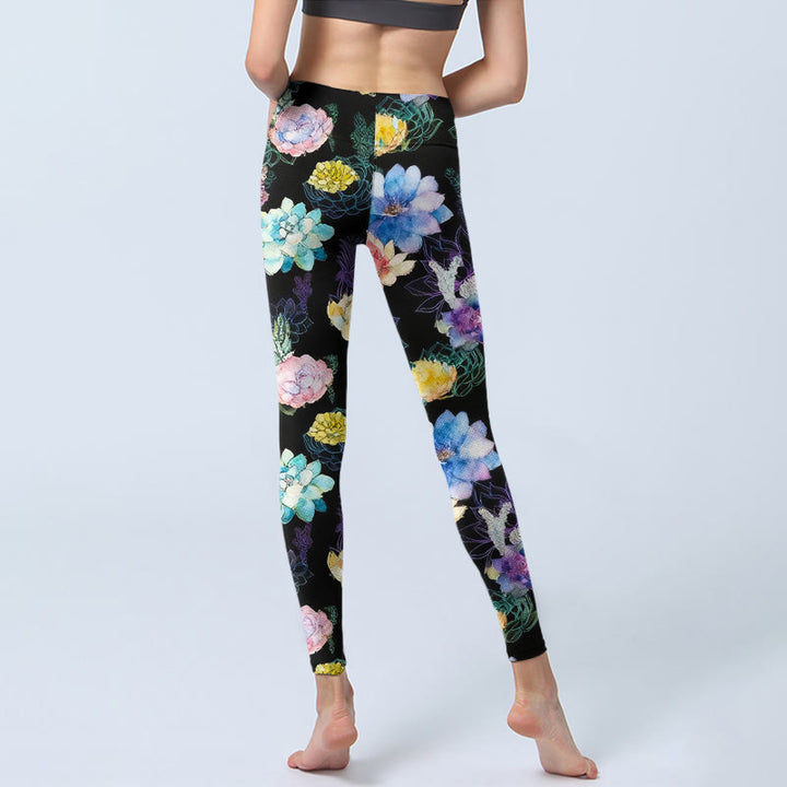 Buddha Stones Leggings da palestra con stampa di fiori in stile acquerello colorato, pantaloni da yoga da donna - image 6