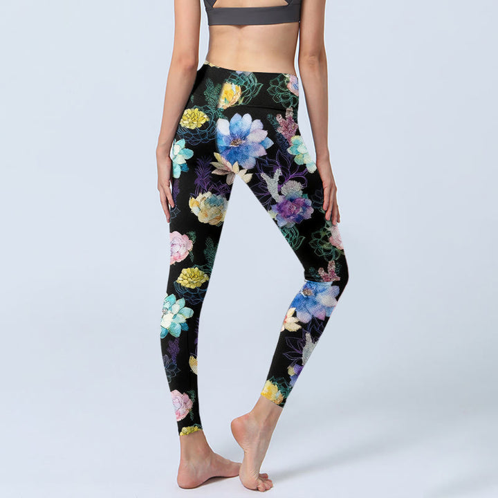 Buddha Stones Leggings da palestra con stampa di fiori in stile acquerello colorato, pantaloni da yoga da donna - image 4