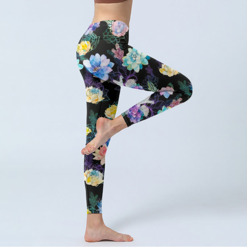 Buddha Stones Leggings da palestra con stampa di fiori in stile acquerello colorato, pantaloni da yoga da donna - image 3