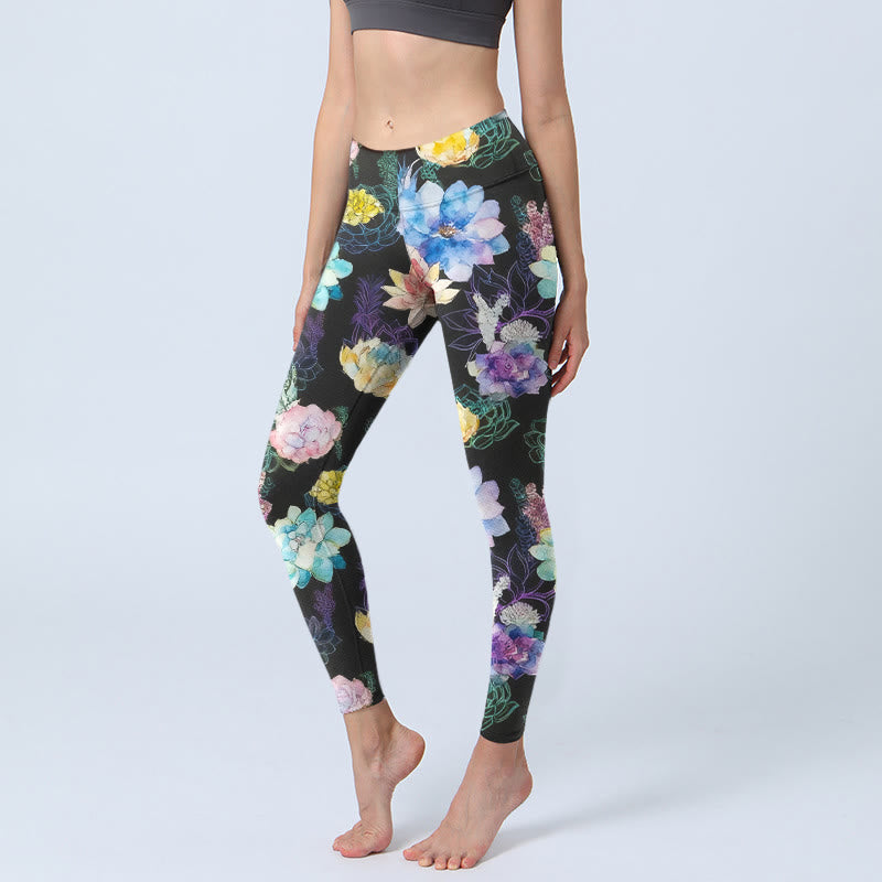 Buddha Stones Leggings da palestra con stampa di fiori in stile acquerello colorato, pantaloni da yoga da donna - Nero - US18, UK/AU22, EU50 (4XL) - image 0