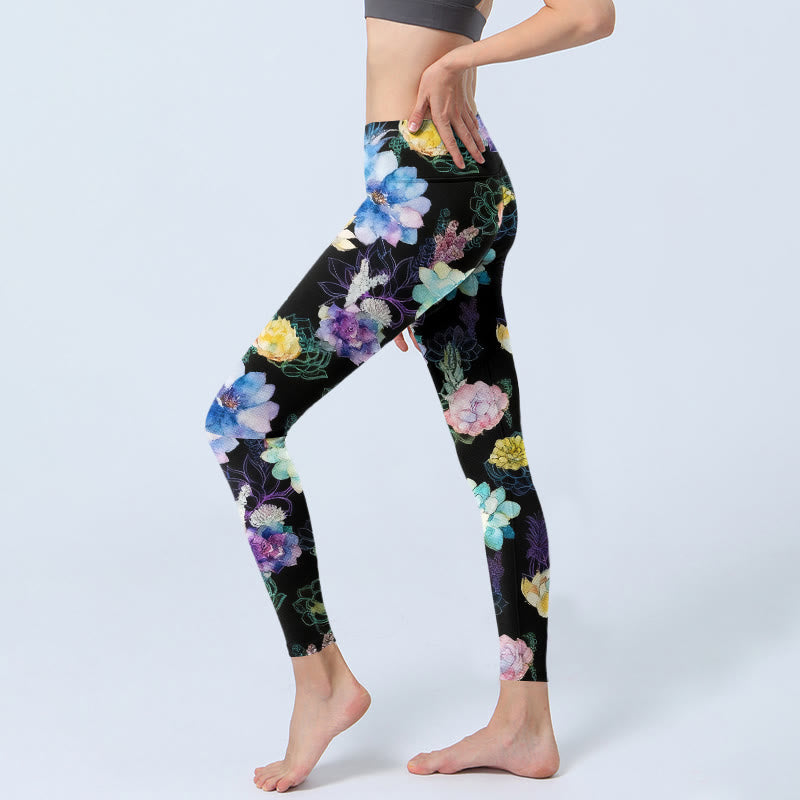 Buddha Stones Leggings da palestra con stampa di fiori in stile acquerello colorato, pantaloni da yoga da donna - image 2