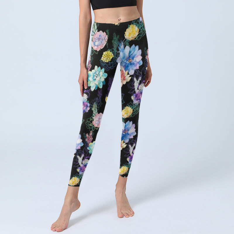 Buddha Stones Leggings da palestra con stampa di fiori in stile acquerello colorato, pantaloni da yoga da donna - image 5