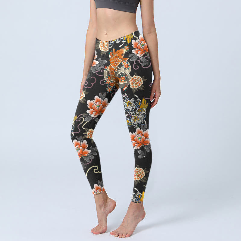 Buddha Stones Leggings da palestra con stampa di motivo a nuvole, peonie e pesci koi, pantaloni da yoga da donna - Nero - US18, UK/AU22, EU50 (4XL) - image 0