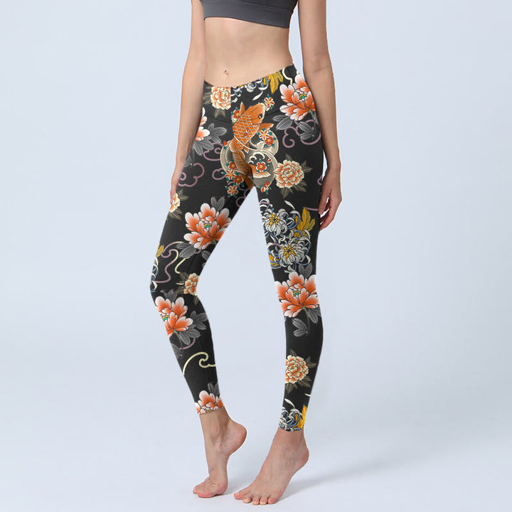Buddha Stones Leggings da palestra con stampa di motivo a nuvole, peonie e pesci koi, pantaloni da yoga da donna - Nero - US18, UK/AU22, EU50 (4XL) - image 0