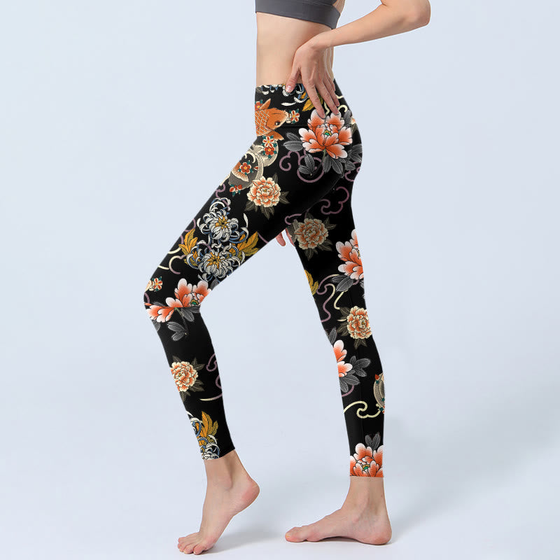 Buddha Stones Leggings da palestra con stampa di motivo a nuvole, peonie e pesci koi, pantaloni da yoga da donna - image 2