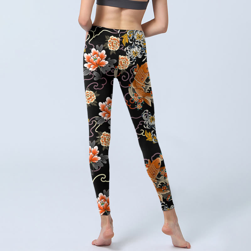 Buddha Stones Leggings da palestra con stampa di motivo a nuvole, peonie e pesci koi, pantaloni da yoga da donna - image 6