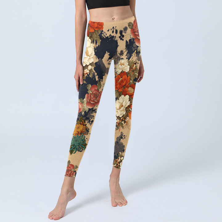 Buddha Stones Leggings da palestra con stampa a motivo di peonie e crisantemi, stile dipinto a inchiostro, pantaloni da yoga da donna - image 5