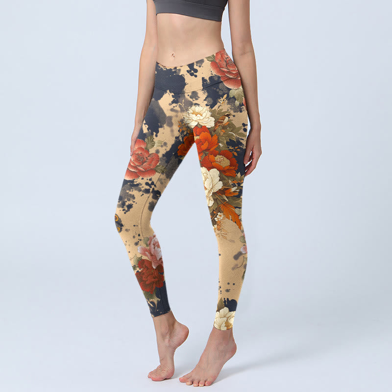 Buddha Stones Leggings da palestra con stampa a motivo di peonie e crisantemi, stile dipinto a inchiostro, pantaloni da yoga da donna - Grano - US18, UK/AU22, EU50 (4XL) - image 0