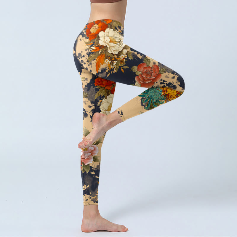 Buddha Stones Leggings da palestra con stampa a motivo di peonie e crisantemi, stile dipinto a inchiostro, pantaloni da yoga da donna - image 3