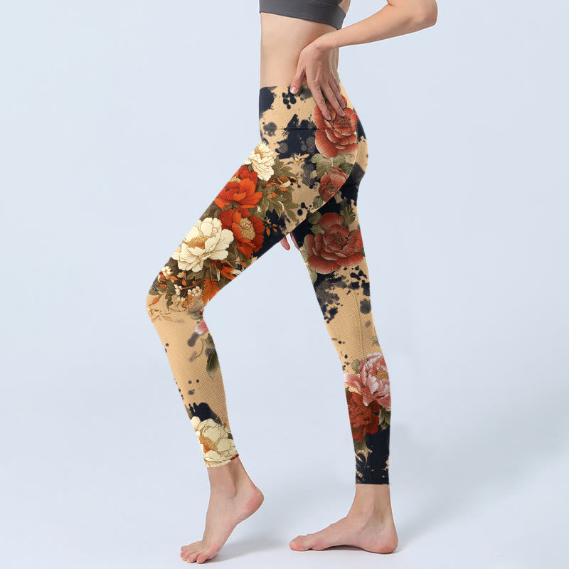 Buddha Stones Leggings da palestra con stampa a motivo di peonie e crisantemi, stile dipinto a inchiostro, pantaloni da yoga da donna - image 2
