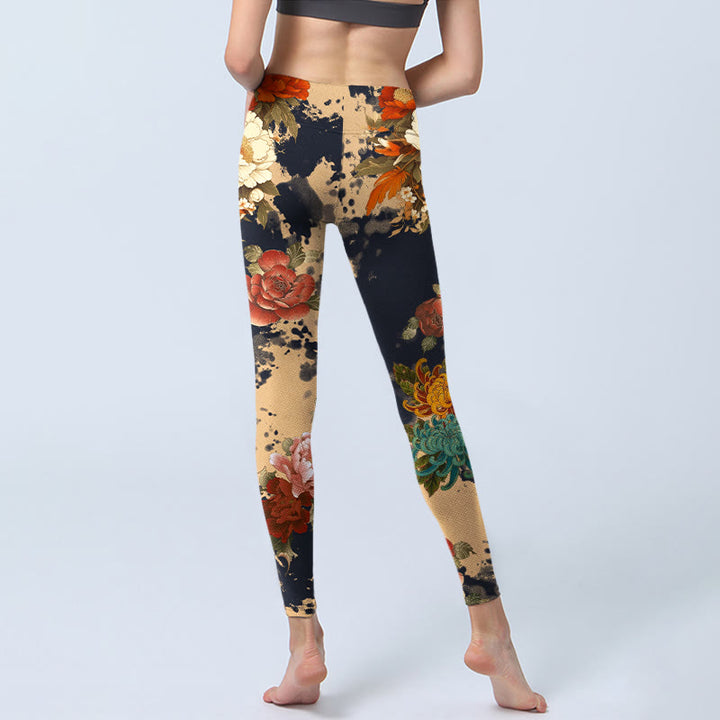 Buddha Stones Leggings da palestra con stampa a motivo di peonie e crisantemi, stile dipinto a inchiostro, pantaloni da yoga da donna - image 6