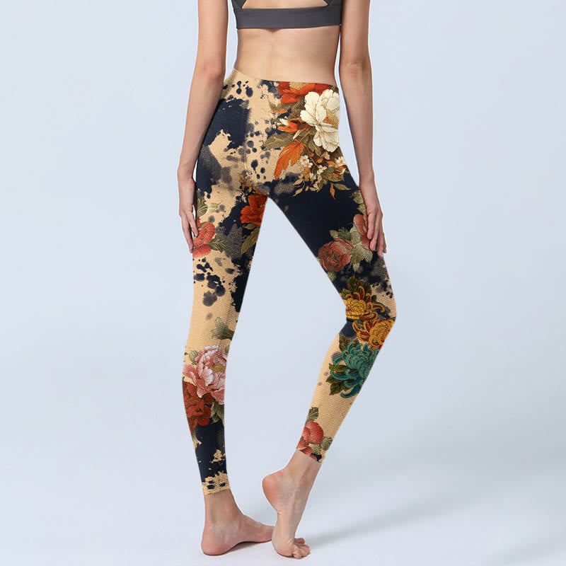 Buddha Stones Leggings da palestra con stampa a motivo di peonie e crisantemi, stile dipinto a inchiostro, pantaloni da yoga da donna - image 4