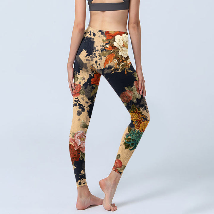 Buddha Stones Leggings da palestra con stampa a motivo di peonie e crisantemi, stile dipinto a inchiostro, pantaloni da yoga da donna - image 4