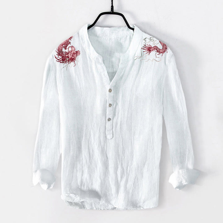 Camicia da uomo in cotone e lino a maniche lunghe con motivo a drago rosso Buddha Stones, bottoni a metà - Bianco - US/UK/AU50, EU60 (5XL) - image 3