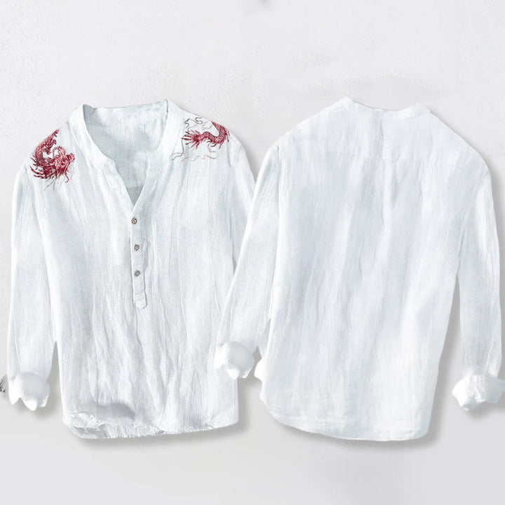 Camicia da uomo in cotone e lino a maniche lunghe con motivo a drago rosso Buddha Stones, bottoni a metà - image 5